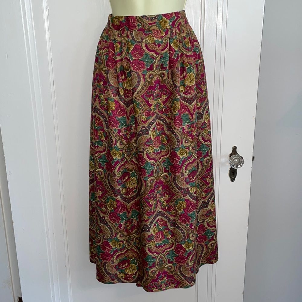 Vtg Liz & Me maroon & green floral paisley full skirt